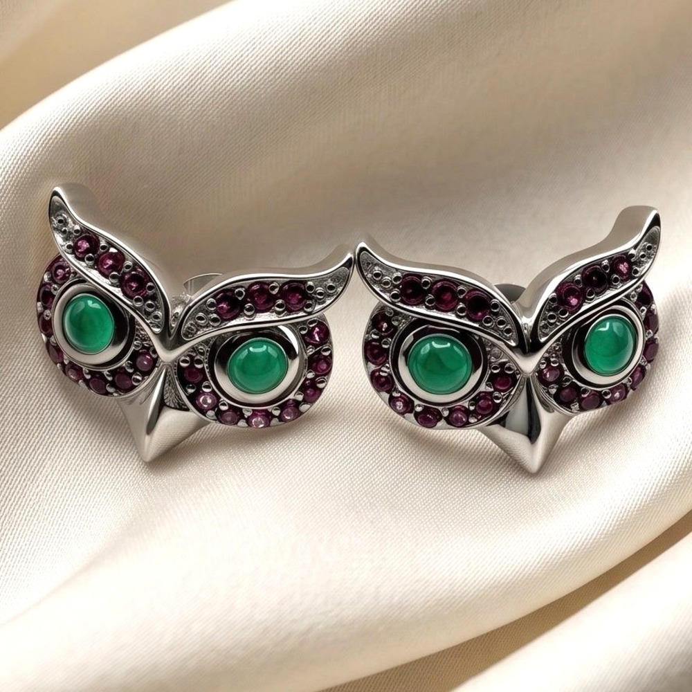 Emerald & Rhodolite Garnet Owl Stud Earrings 925 Silver 14K Plated COA Appraised